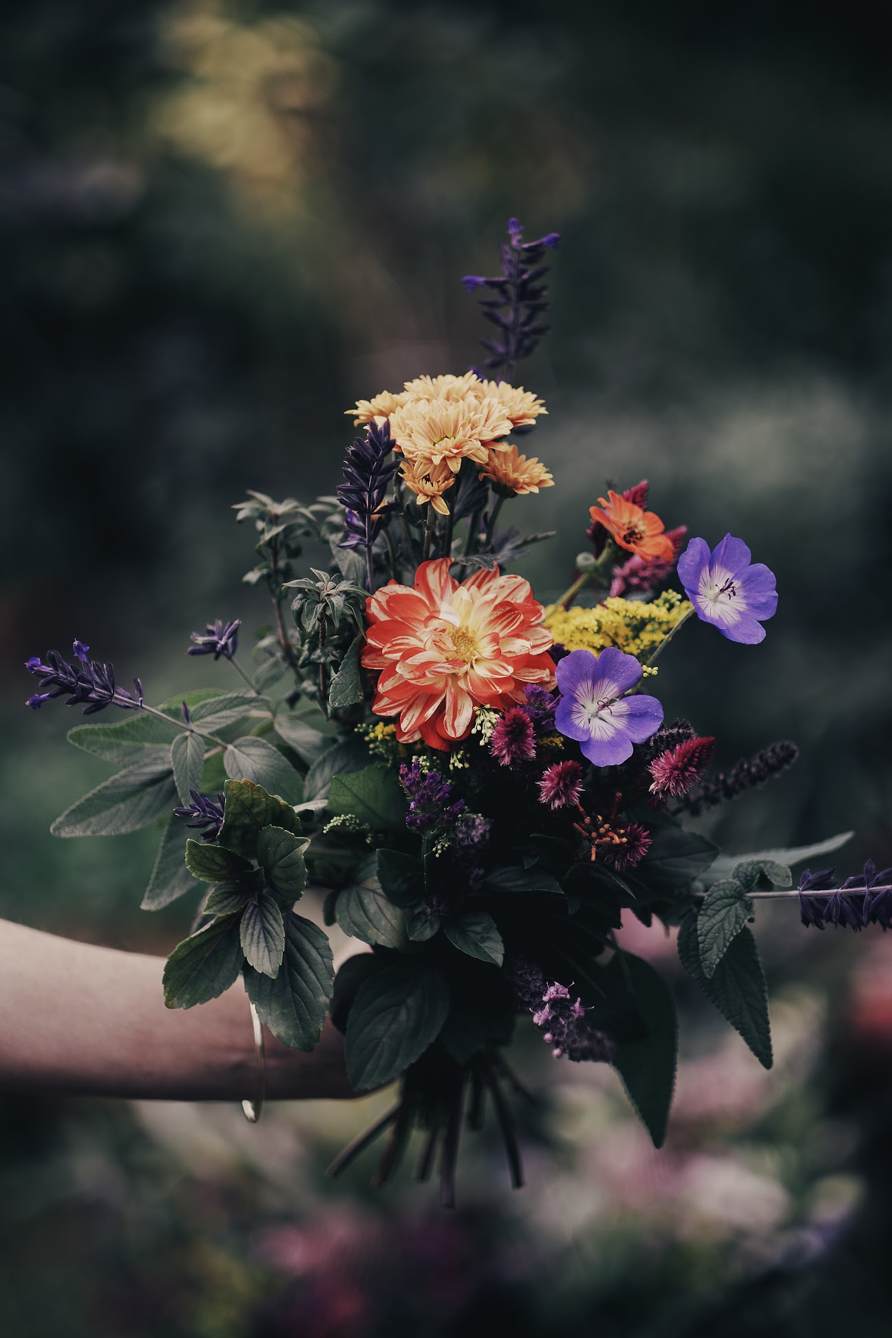 Hand holding a colourful flower arrangement.